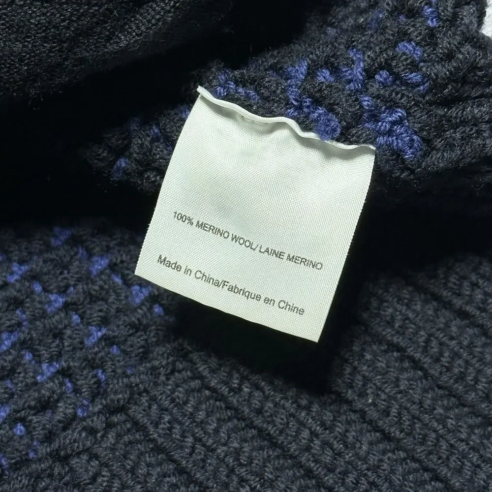 Tory Burch Black Blue Merino Wool Waffle Knit Cardigan‎ Sweater Women's Sz Large